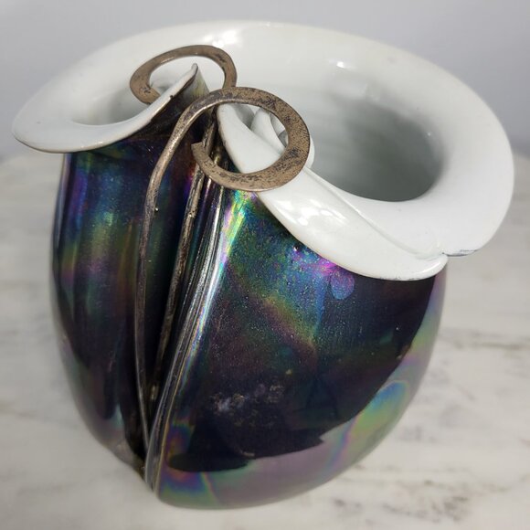 STUNNING VINTAGE IRIDESCENT STERLING SILVER FOLD OVER POTTERY CERAMIC VASE DISH - Picture 7 of 16